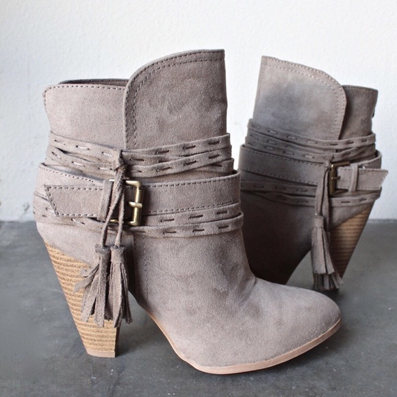 Taupe Suede Tassel  Wrap Buckle Ankle Booties - Picture 3 of 4